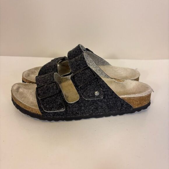 Birkenstock Shoes - Birkenstock Grey Wool Felt with White Fur Slide Sandals US 7